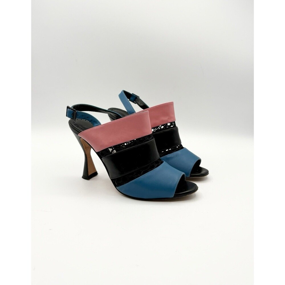 Manolo Blahnik Black Pink & Blue Colorblock Slingback Peep Toe Heels Size EU 36